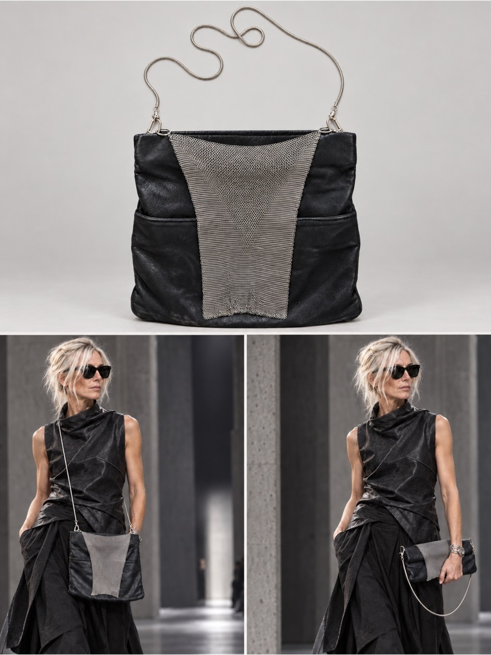 OOAK Handmade Black Leather Chainmail Crossbody Bag Avant Garde